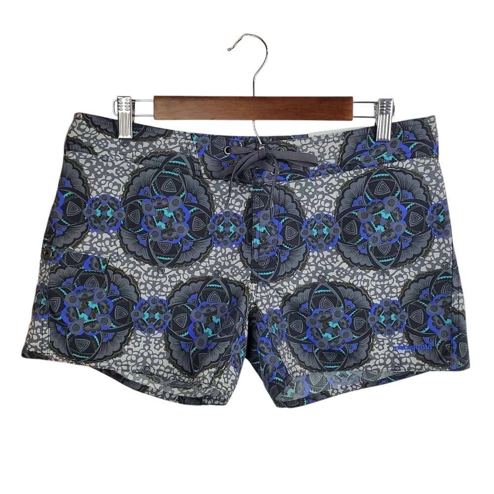 PATAGONIA Women’s Board Shorts Size 6 Blue Gray Geometric Print Drawstring